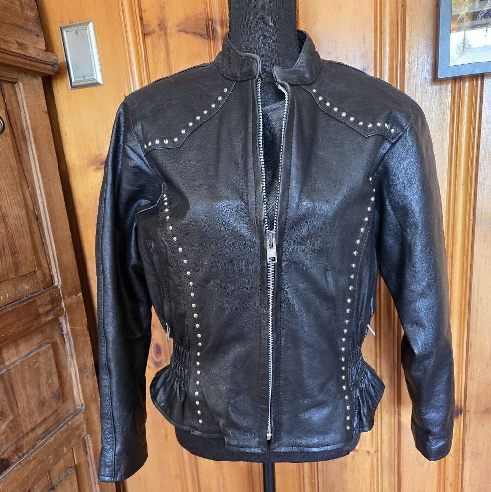 Vintage Biker Black Studded Leather Jacket by Bikers Essentials
